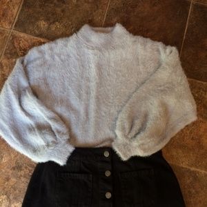 Fuzzy Grey-Purple Mock Neck Sweater